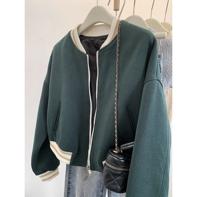 Áo Khoác Bóng Chày Dáng Ngắn Màu Đen Phong Cách retro Cho Nữ