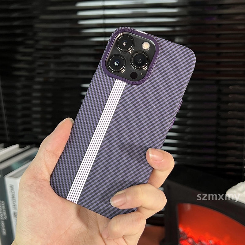 Ultra Ốp Điện Thoại Cứng Siêu Mỏng Họa Tiết Sợi carbon Màu Tương Phản Viền Kim Loại Cho iphone 15 14 13 12 pro max
