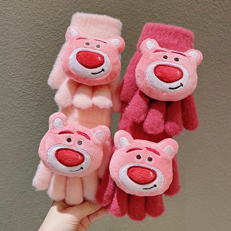 SANRIO Ere1 Găng Tay Len Dày Dặn Ấm Áp Hình Gấu / Dâu Tây Dễ Thương Cho Bé Từ 3-12 Tuổi