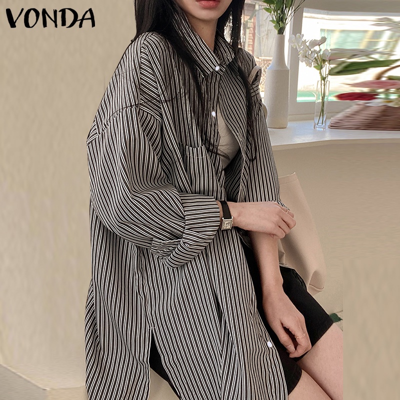 Áo Sơ Mi Tay Dài Hở Vai Kẻ Sọc Có Túi Trước Thời Trang Hàn Quốc Cho Nữ