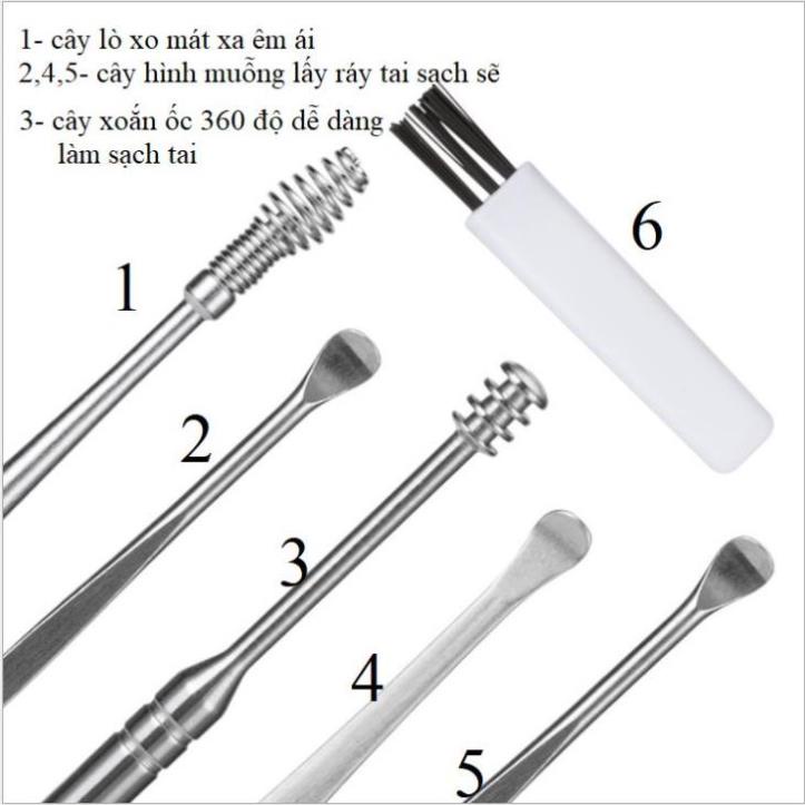 Bộ Dụng Cụ Ngoáy Tai Inox 6 Món - Bộ Lấy Ráy Tai Thép Không Rỉ 6 Món