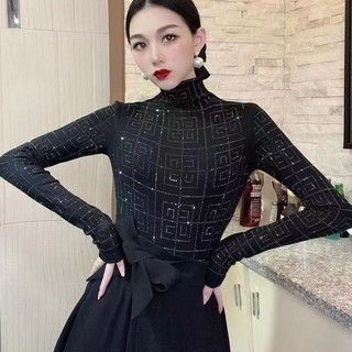Áo Thun Đen Tay Dài Thêu Họa Tiết Kim Cương Phong Cách Hàn Quốc Thời Trang Cho Nữ