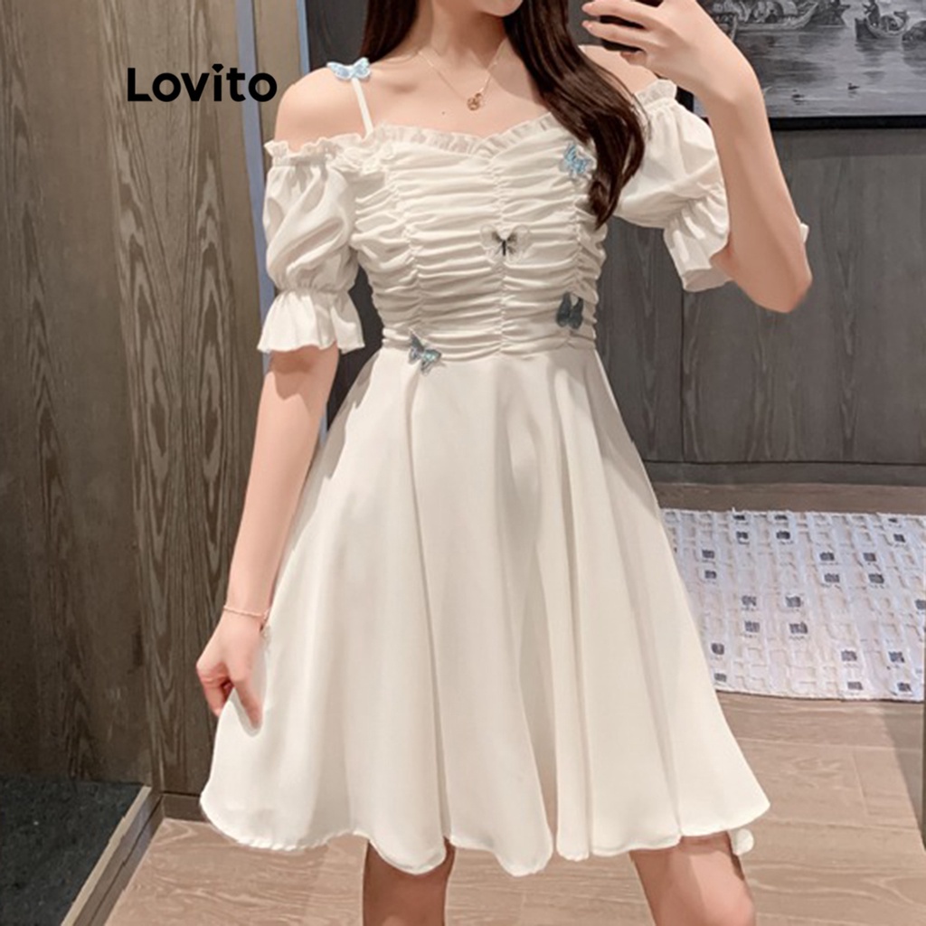 Đầm ngắn Lovito dáng xòe tay ngắn trễ vai đính nơ màu trơn thường ngày cho nữ LNA14061 (Trắng)