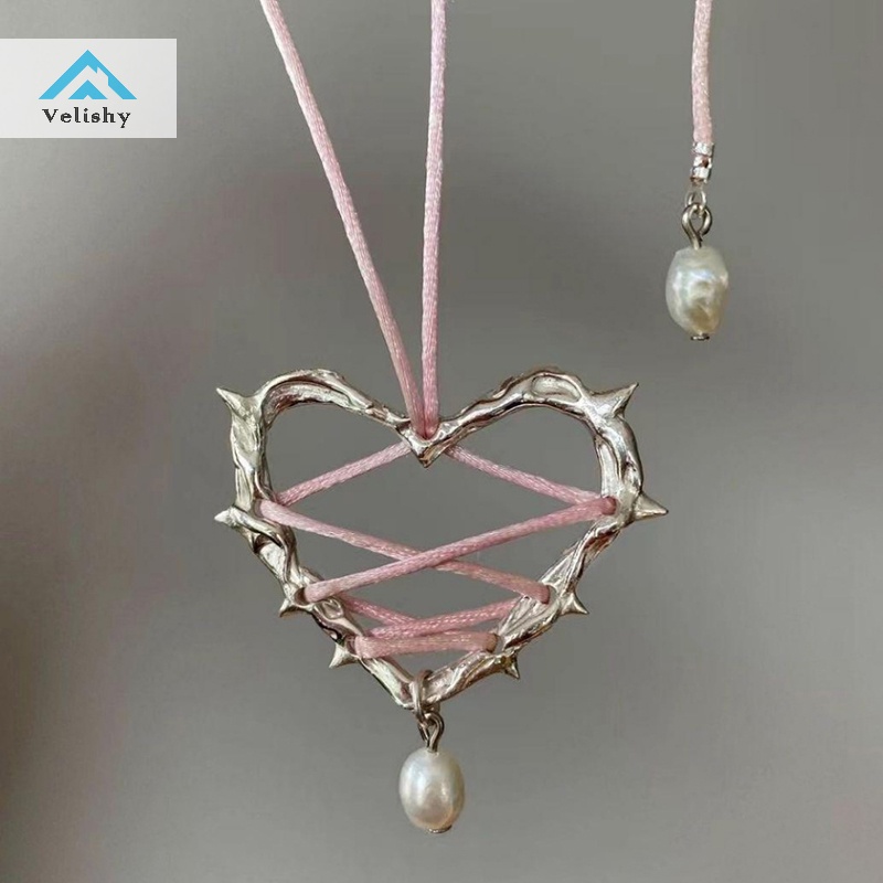 Velishy Vòng cổ Mặt Trái Tim Đính Ngọc Trai Và Ruy Băng Thời Trang Cho Nữ