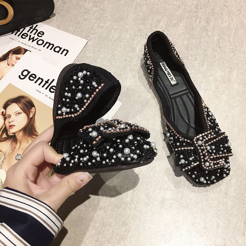 Giày Búp Bê Đế Mềm Mũi Vuông Đính Ngọc Trai Thời Trang Xuân Hè Cho Nữ