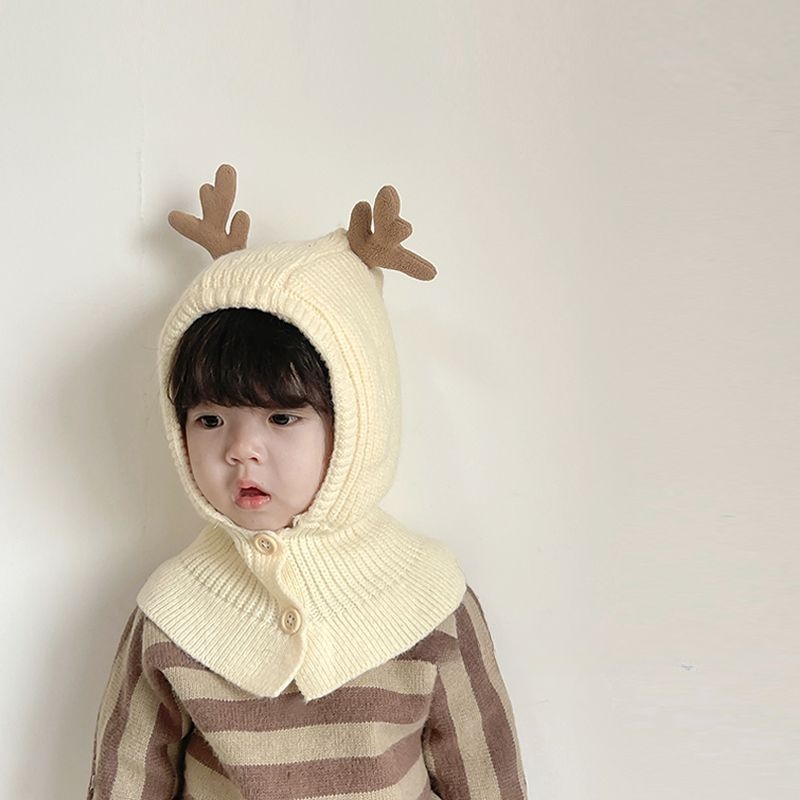 Mũ Len Trùm Đầu Kèm Khăn Choàng Cổ Đính Nút Thời Trang Thu Đông Hàn Quốc Cho Bé Trai Và Bé Gái