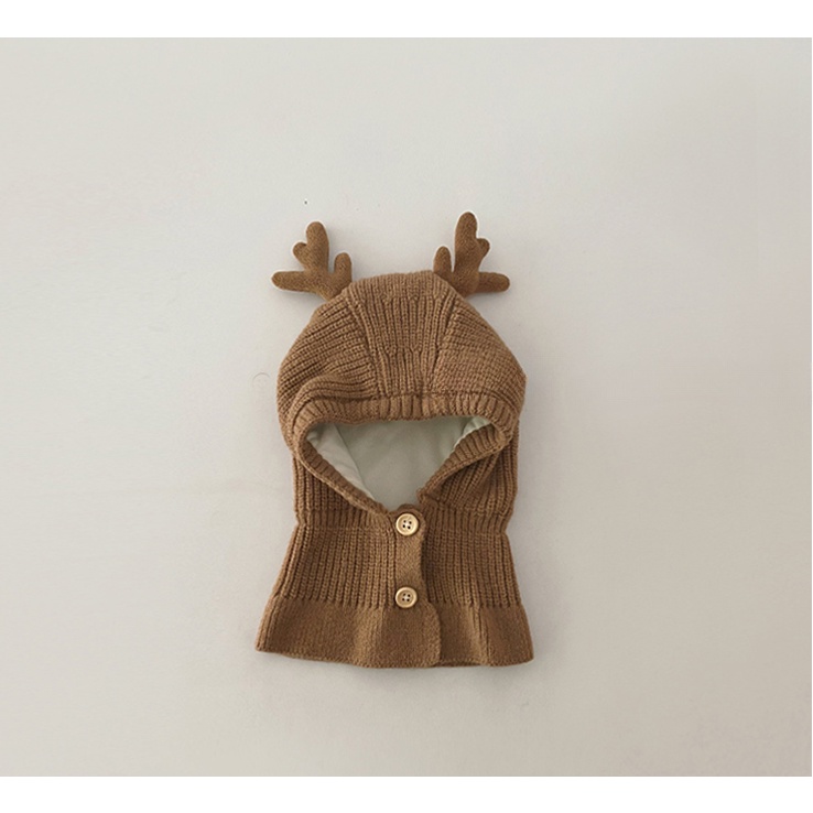 Mũ Len Trùm Đầu Kèm Khăn Choàng Cổ Đính Nút Thời Trang Thu Đông Hàn Quốc Cho Bé Trai Và Bé Gái