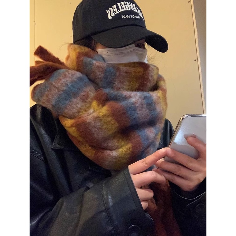 Khăn Choàng Cổ Dày Kẻ Sọc Màu Sắc Ấm Áp Dễ Phối Đồ Thời Trang Thu Đông Phong Cách Hàn Quốc Cho Nữ