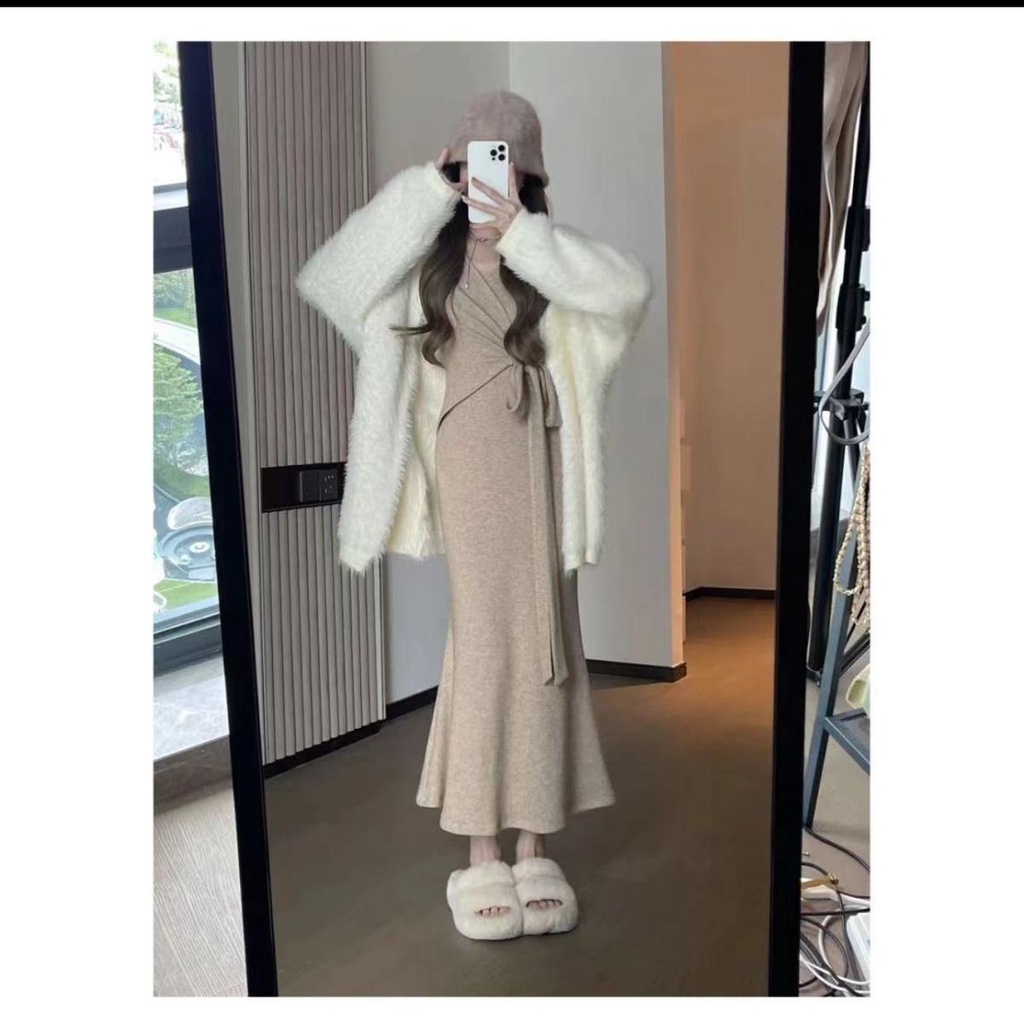 Đầm sweater Dài Tay Chiết Eo Phong Cách Pháp Thời Trang Thu Đông Kiểu Mới Cỡ Lớn Cho Nữ