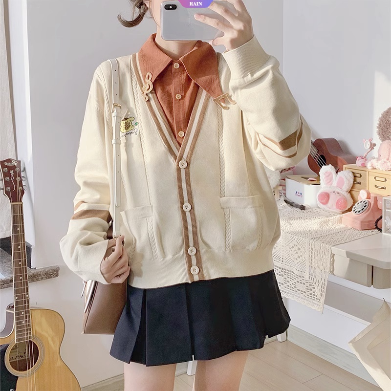 Áo Khoác cardigan Dệt Kim Dáng Rộng Cổ Chữ v Thêu Hoạt Hình my melody hello kitty cinnamoroll kuromi purin purin Dễ Phối Đồ Xuân Thu Cho Nữ