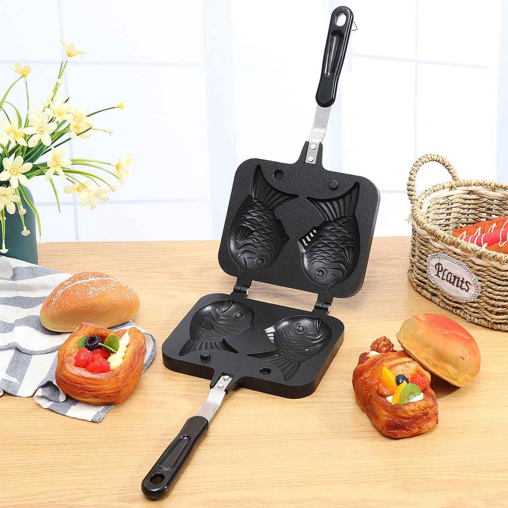 Chảo Khuôn Nuớng Bánh 2 con + 4 con Cá Taiyaki Chống Dính - Taiyaki Japanes fish shape hot cake maker