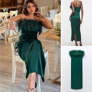    23 Thu Đông Phong Cách Mới Lông Vũ Trang Trí Lụa Satin Họa Tiết Ôm Ống Thiết Kế Hàng Đầu Quạt F7844934
