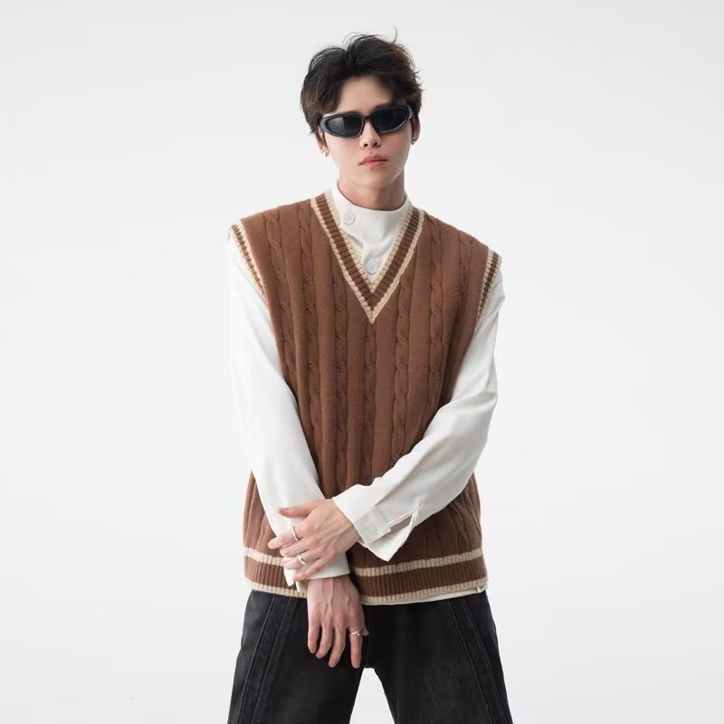 Sinransinya Áo sweater Sát Nách Cổ Chữ v Phối Màu Tương Phản Kiểu retro Nhật Bản Thời Trang Cao Cấp Cho Nam