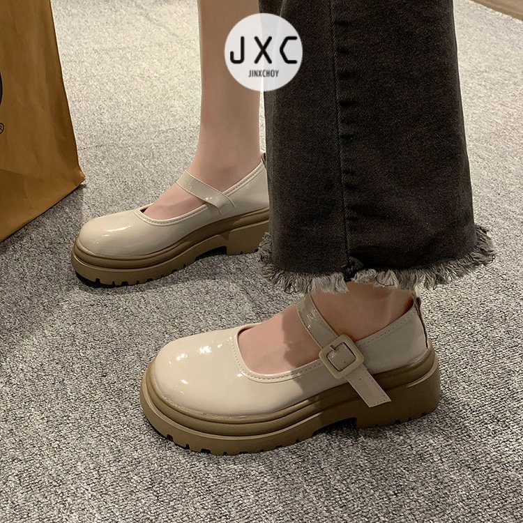 JINxCHOYGiày Búp Bê Da PU Mũi Tròn Phong Cách Retro Cho Nữ