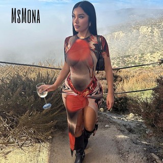 MsMona Nữ Mới Thời Trang In Hình Gợi Cảm Slim-fit Váy Ngắn Tay