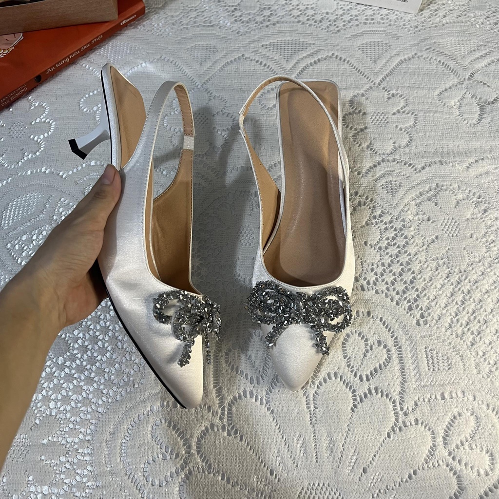 Giày cao gót dự tiệc bigsize nơ đính đá cao 5 cm size 40-44
