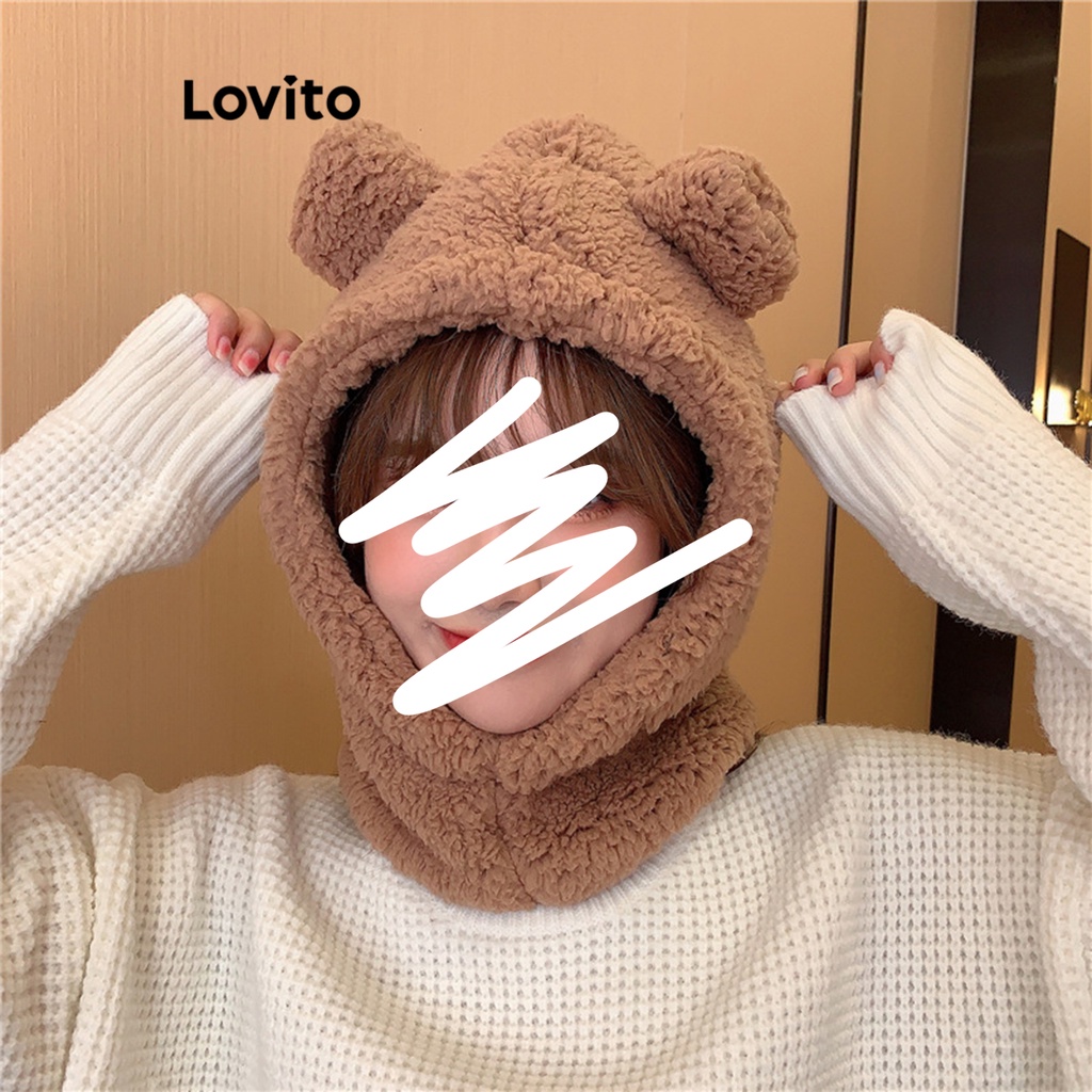 Mũ quấn Lovito bảo vệ tai hình gấu lông họa tiết màu trơn dễ thương cho nữ LFA08489 (Màu kaki/ nâu/ xám/ trắng nhạt)