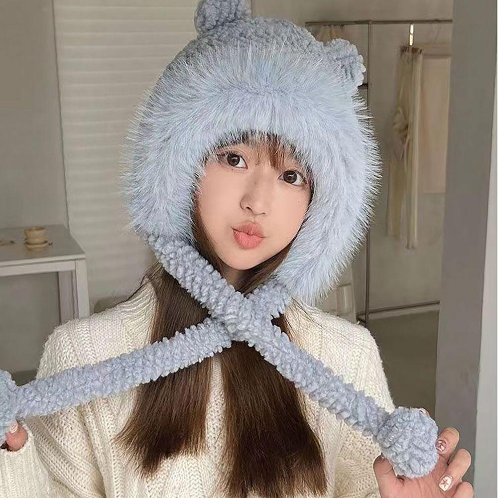 1 Mũ Len Tai Gấu Bông Giữ Ấm Mùa Đông Dành Cho Nữ