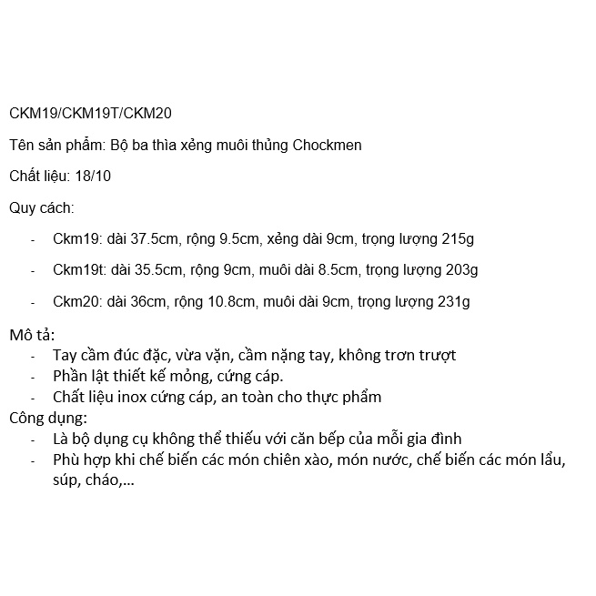 Bộ ba thìa xẻng muôi thủng Chockmen CKM19/CKM19T/CKM20
