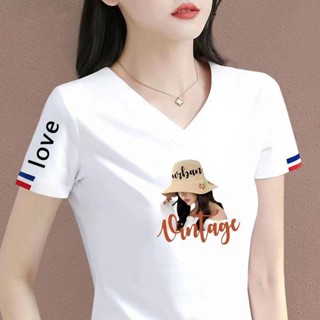 Áo Thun Tay Ngắn In Nhãn Hiệu Lớn Phong Cách Phương Tây Thời Trang Cho Phụ Nữ Tuổi Trung Niên @ -