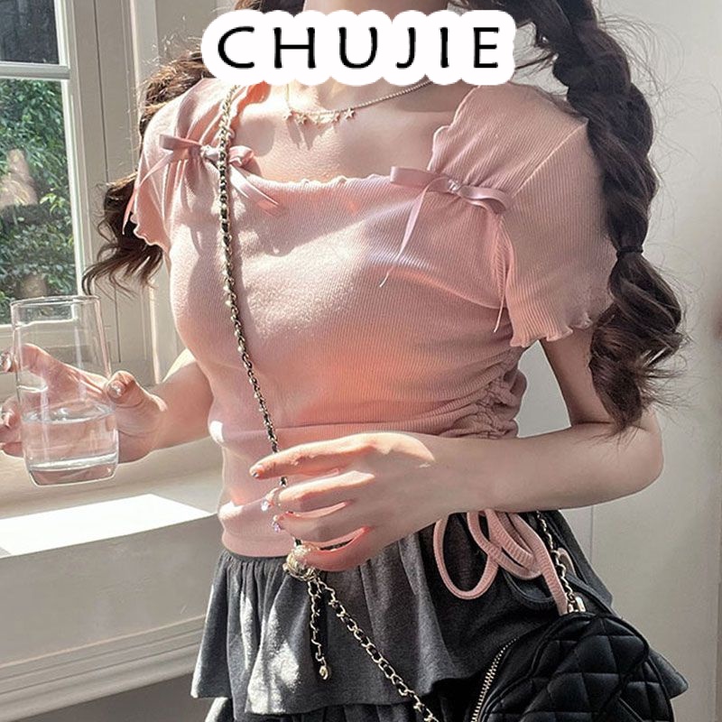 CHUJIE  Áo thun nữ cổ tròn tay ngắn màu hồng, mùa hè, kiểu mới với cột nơ, eo thun Đẹp Stylish Phong cách Beautiful A29J0Y0 36Z230909