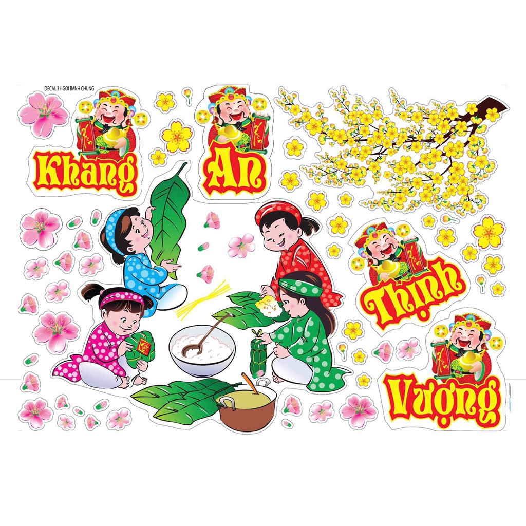 Decal dán kính dán tường trang trí tết mừng xuân mới MẪU 31 GÓI BÁNH CÀNH MAI
