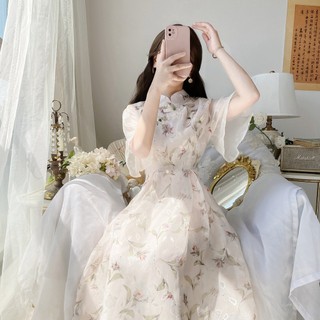 Đầm Dài Cổ Đứng In Hoa Thời Trang Mùa Hè