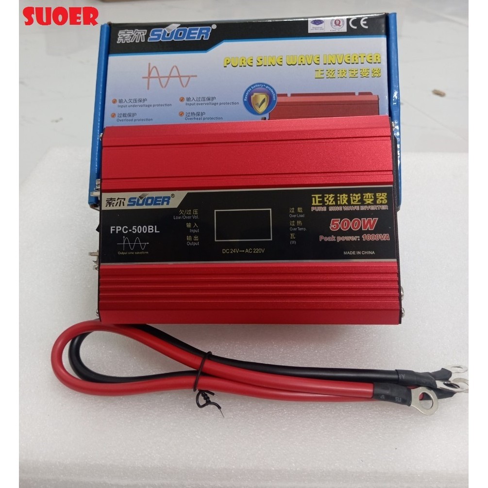 Bộ đổi điện Suoer 12v-24v sang 220v sine chuẩn 500w - 500BL có màn hình LED Cổng sạc USB - PL 24V 50