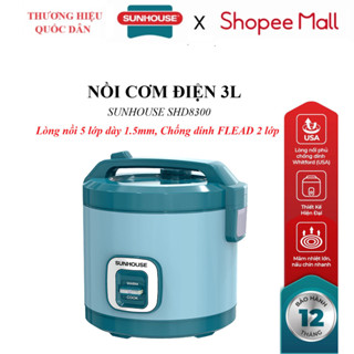  NỒI CƠM ĐIỆN 3L SUNHOUSE SHD8300 Lòng nồi 5 lớp dày 1.5mm Chống dính FLEAD 2 lớp bền bỉ Nắp nồi 2 lớp  