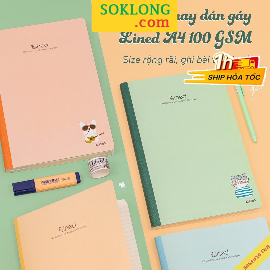 Vở 200 trang A4 may dán gáy Lined Klong MS 848 SOKLONG, tập sổ Klong giấy 100gsm bìa dễ thương cute