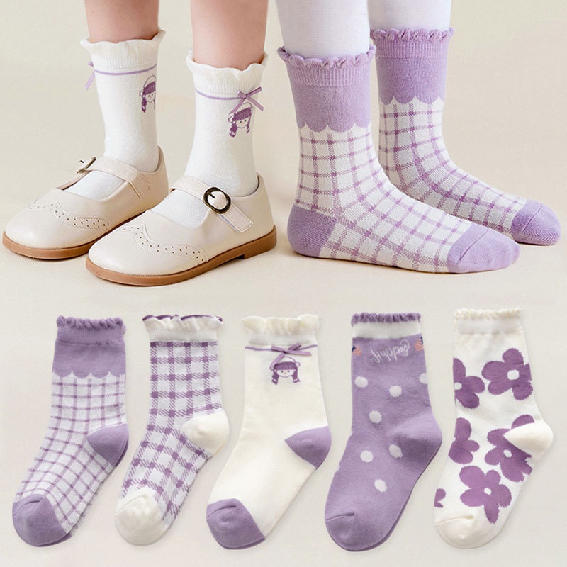 Set 5 Đôi Vớ cotton Mùa Hè Phối Lưới Màu Tím In Họa Tiết Hoạt Hình Dễ Thương Cho Bé Sơ Sinh jp7
