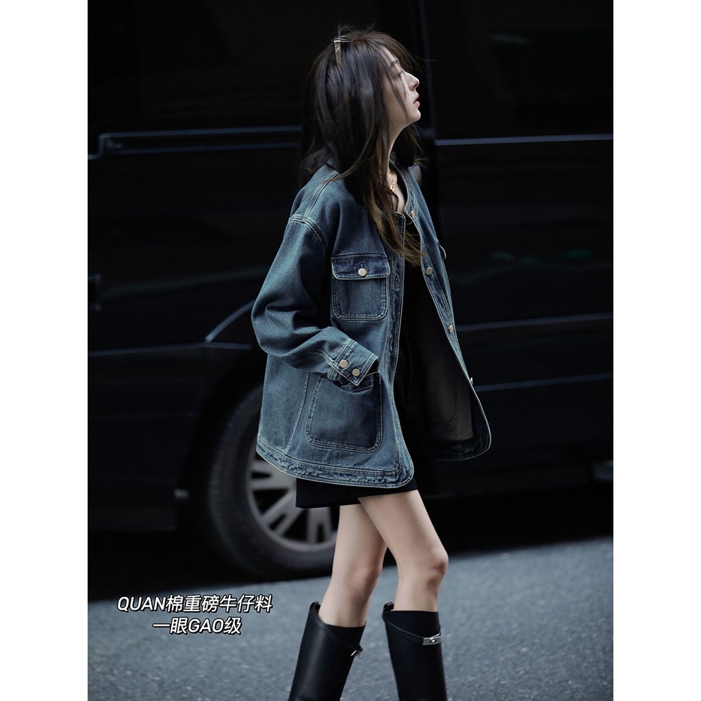 Áo Khoác denim Dài Tay Dáng Rộng Phong Cách retro Hàn Quốc