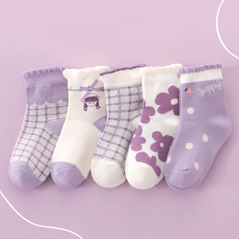 Set 5 Đôi Vớ cotton Mùa Hè Phối Lưới Màu Tím In Họa Tiết Hoạt Hình Dễ Thương Cho Bé Sơ Sinh jp7