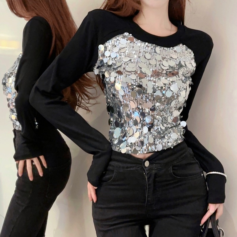 Áo Thun Tay Dài Đính Kim Sa Lấp Lánh Dễ Phối Đồ Thời Trang Mùa Thu