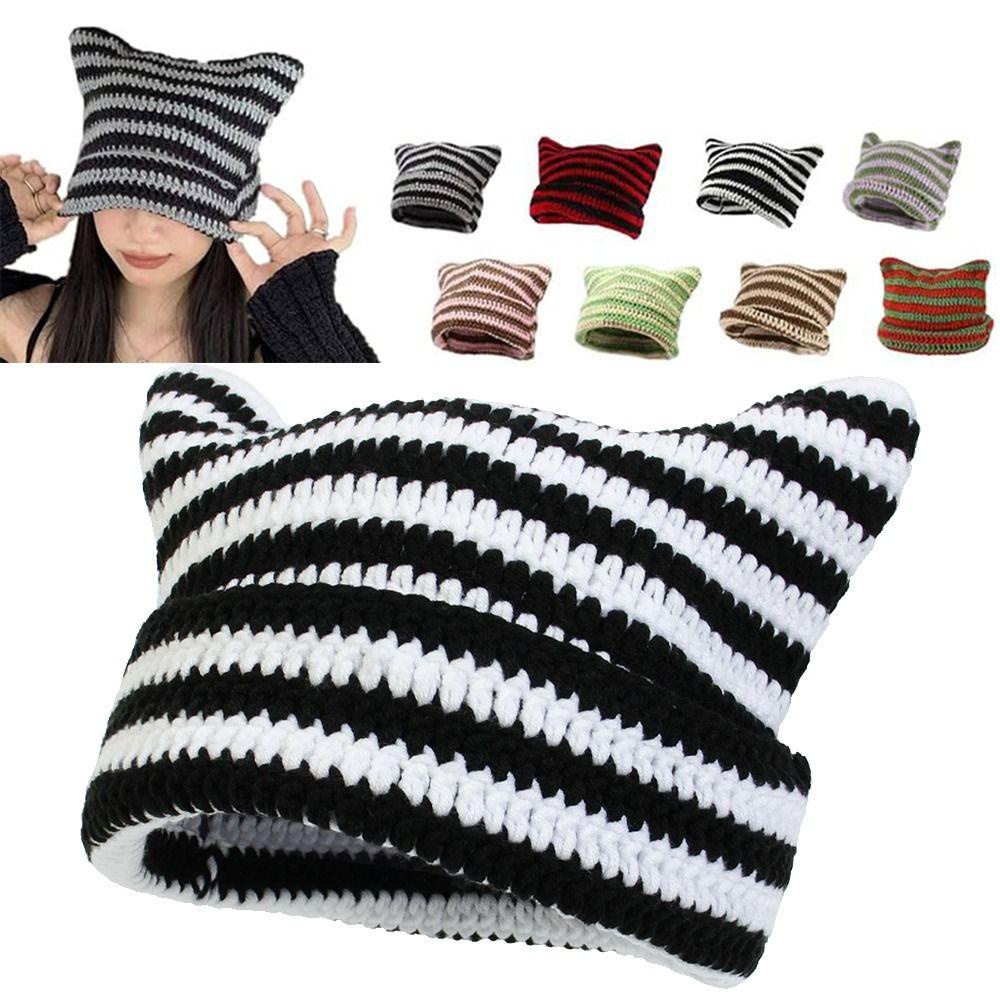 Muvako Mũ Len beanie Nhật Bản Kẻ Sọc Ngang Đính Tai Mèo Dễ Thương Phong Cách gothic punk Giữ Ấm Đơn Giản y2k unisex