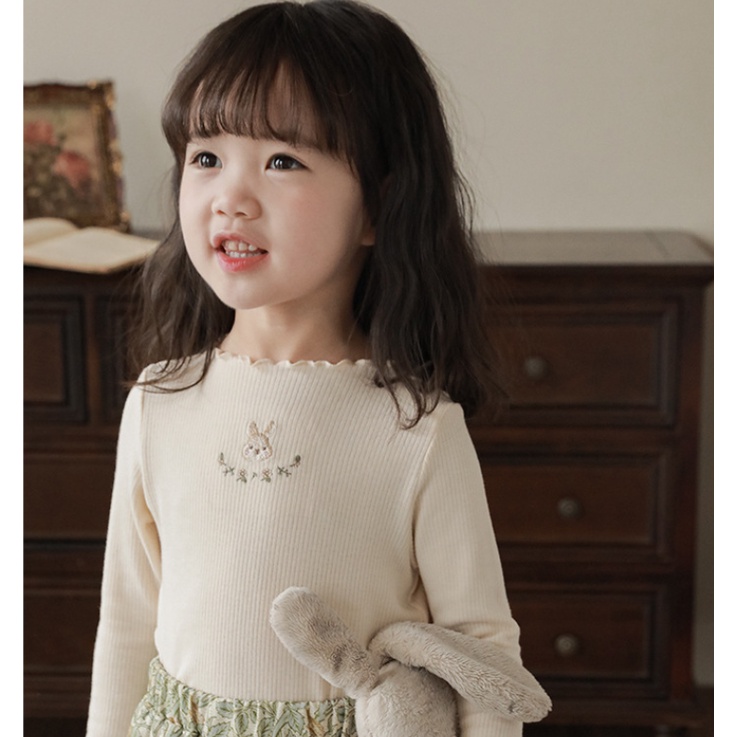 Áo Thun Tay Dài Co Giãn Thoải Mái Thêu Hình Thỏ Dễ Thương Phong Cách Hàn Quốc Cho Nữ  Hàng Có Sẵn Mùa Thu Đông