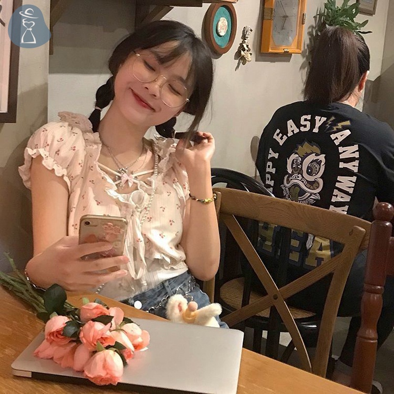 Áo Hai Dây Hở Lưng Phối Ren In Hoa Dễ Thương Ngọt Ngào Thời Trang Đi Biển Mùa Hè Cho Nữ