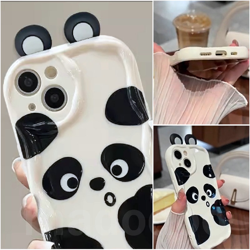Cute 3D Ear BFF Casing Redmi Note 13 Pro+ 12S 4G 12 Pro Plus 5G 13C 12C A1 A2 11S 11 10C 10 9T 9C 9A POCO X5 Black White simple Cartoon Panda Wavy Cream Edge Full Fine Hole Anti-fall Soft Phone Case NY 54