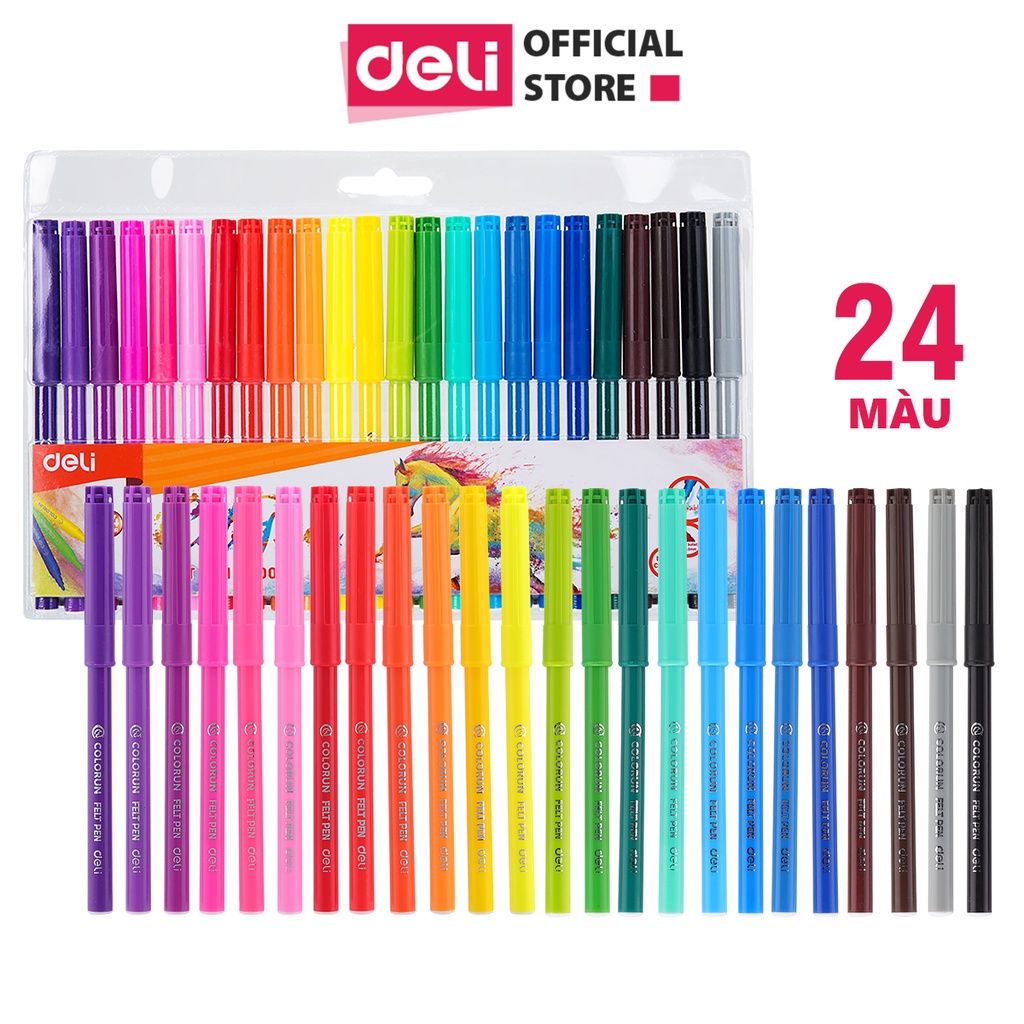 Bút màu dạ đầu lông 1.0mm Deli, 12 /18 /24 màu fiber pen - Màu sắc bắt mắt, an toàn - Đi nét, liner, tô màu, vẽ tranh...