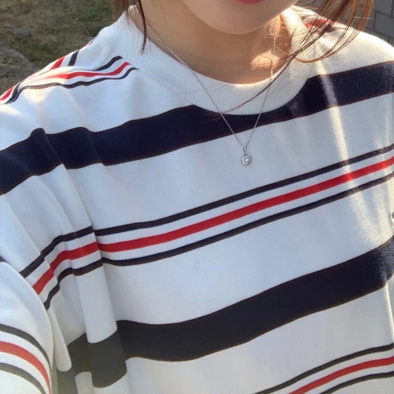 HANLU Áo Nỉ Dài Tay Họa Tiết Kẻ Sọc Ngang Thời Trang retro Cho Nữ