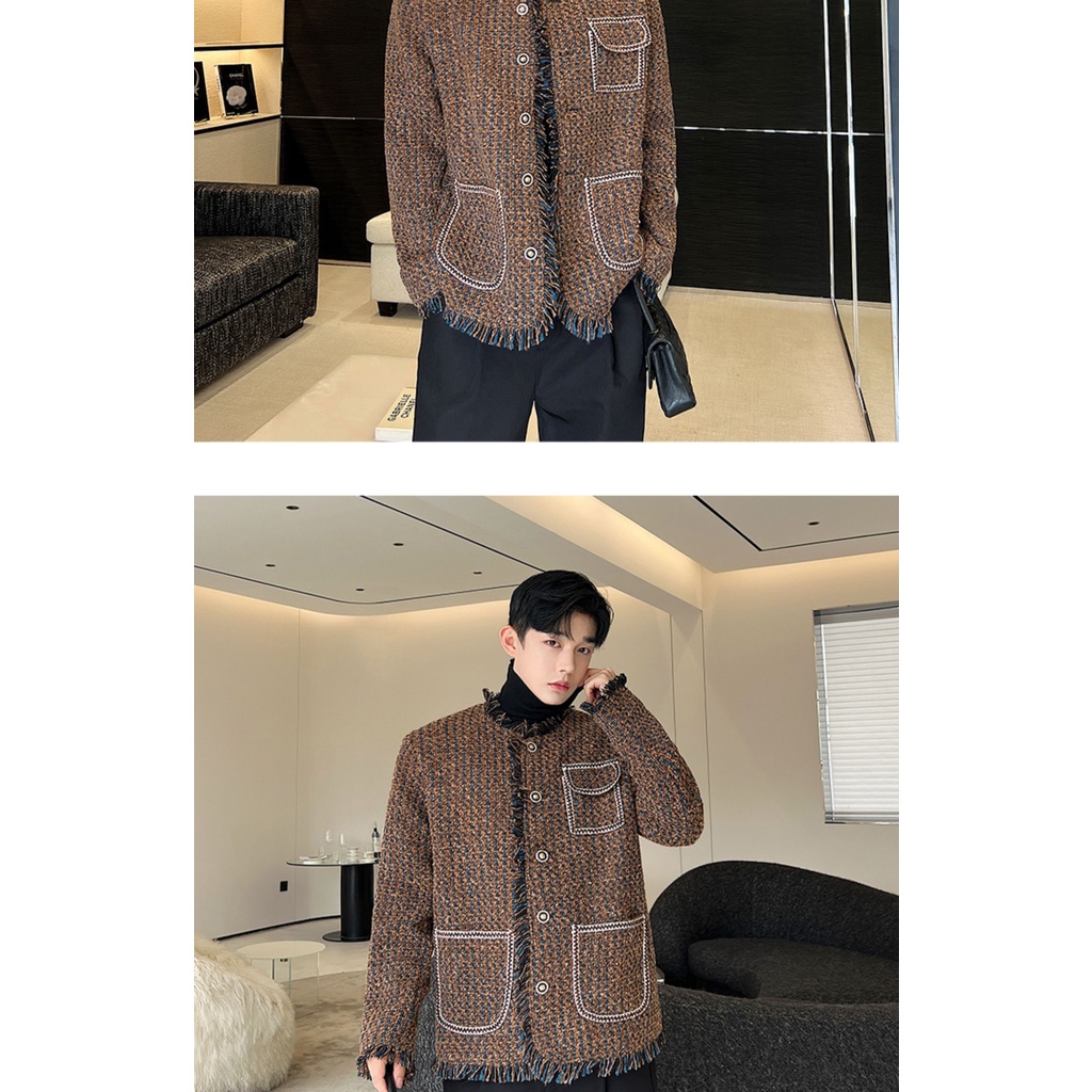 Tweed Áo Khoác blazer Vải Dệt Cổ Tròn Phối Tua Rua Và Nút Kim Loại Màu Nâu / Xanh Dương Hợp Thời Trang Cho Nam