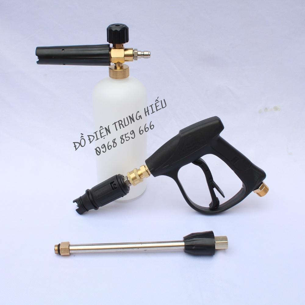 Bộ súng xịt rửa xe và bình phun bọt tuyết cao cấp kèm ống nối inox 36cm cho máy xịt rửa xe ren 22mm và 14mm