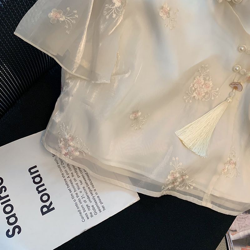 Mới Áo Sơ Mi Lưới Cách Tân Thêu Họa Tiết Phong Cách Trung Hoa Cổ Điển Thời Trang Cho Nữ