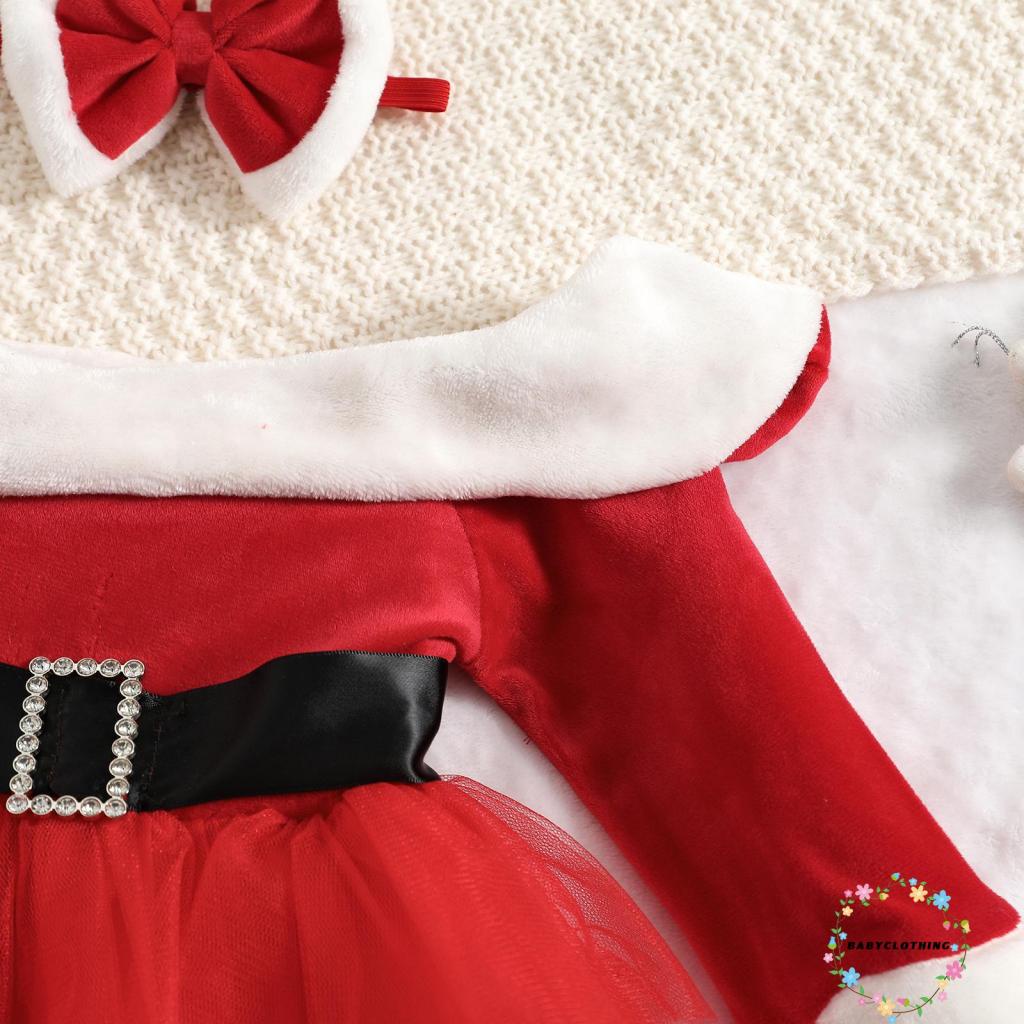 Set 2 Món Áo Trễ Vai Tay Dài + Đầm tulle + Băng Đô Chủ Đề Giáng Sinh Cho Bé Gái
