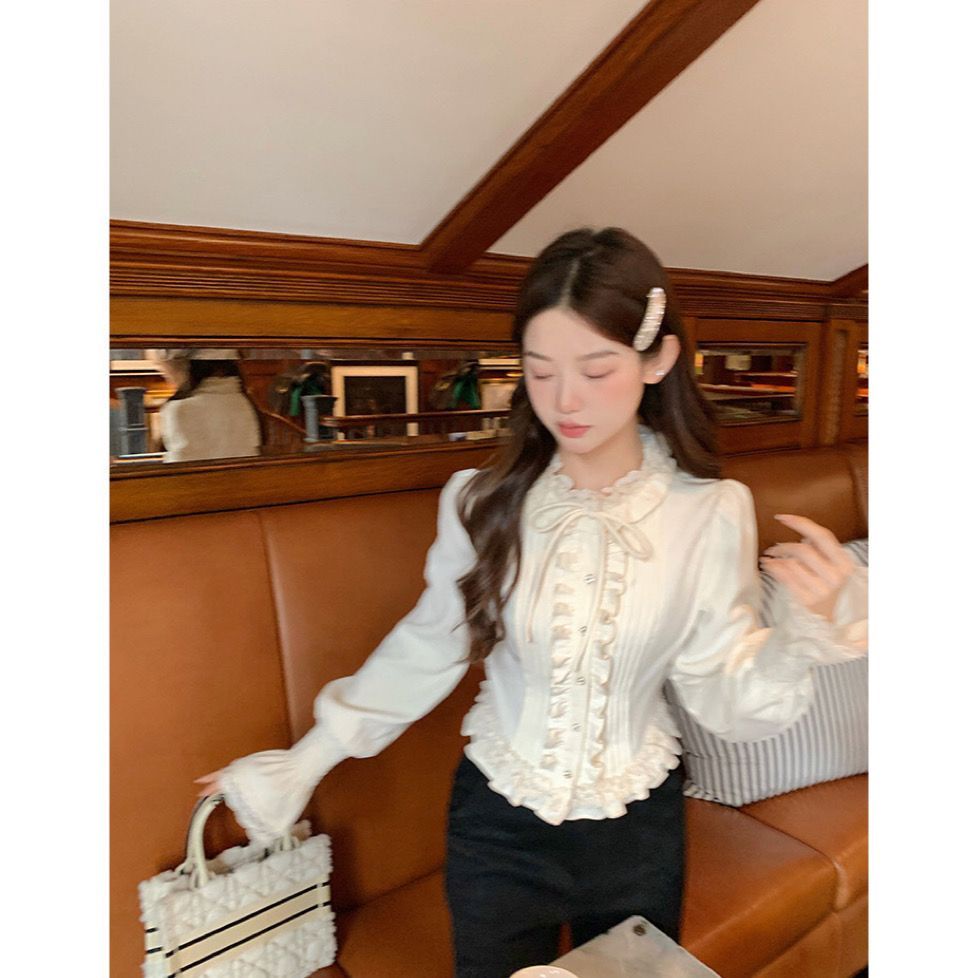 Áo Kiểu Tay Phồng Phối Ren Bèo Phong Cách Pháp