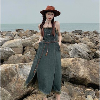 Đầm Denim Mùa Hè 2023 Dáng Dài Ôm Eo Phối Tua Rua Phong Cách Pháp Cho Nữ