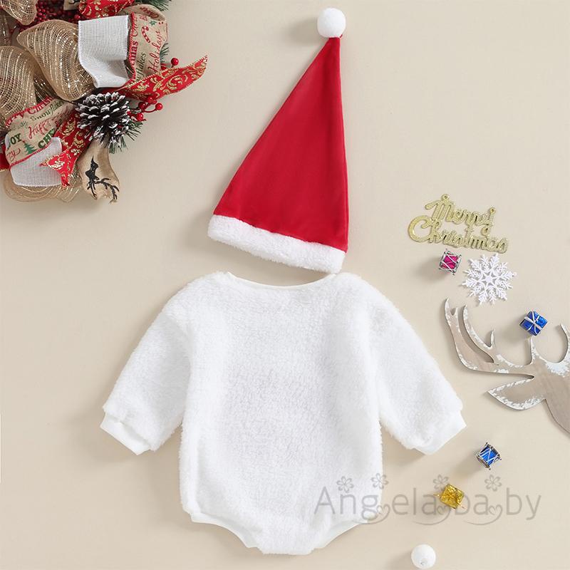 Hian-baby Bộ 2 Món Áo Liền Quần Tay Dài Cổ Tròn Thêu Chữ Và Nón Bằng Vải Bông Giáng Sinh Cho Bé