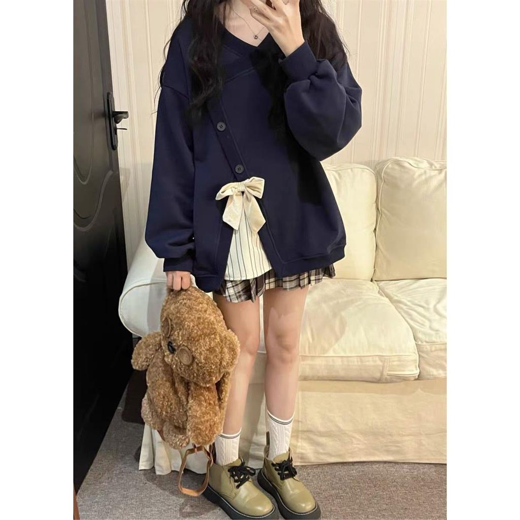 Áo sweater Dáng Rộng Mềm Mại Phối Màu Tương Phản Đính Nơ Kiểu Nhật Hàn Thời Trang Mùa Thu Cho Bạn Gái