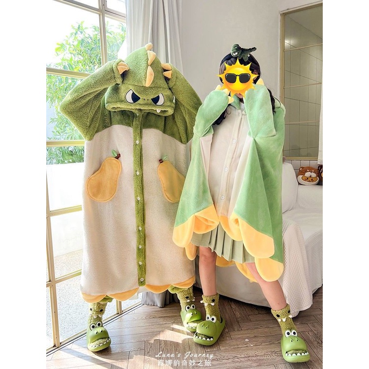 ❤️❤️ Đầm Ngủ Lông Cừu San Hô Dày Dặn In Hình Khủng Long Hoạt Hình Dễ Thương Cho Cặp Đôi