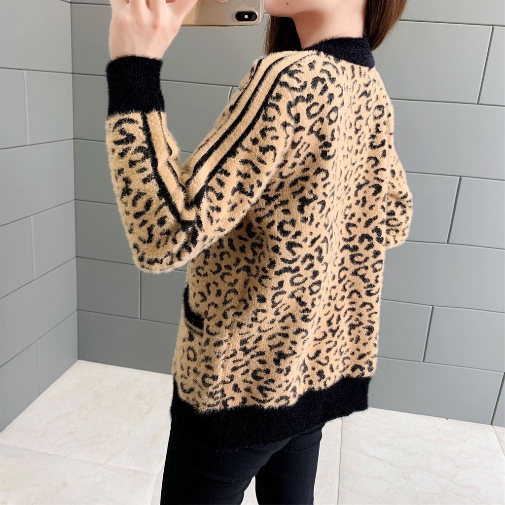 Áo sweater Tay Dài Dáng Rộng In Họa Tiết Da Báo Thời Trang Xuân Thu Cho Nữ